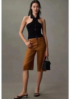 Anthropologie The Colette Longline Shorts Linen Honey Brown Size 27 NWT